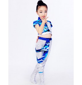 Blue camouflage and silver patchwork long pants fashion boys girls kids children hip hop jazz singer ds school play dancing costumes outfits